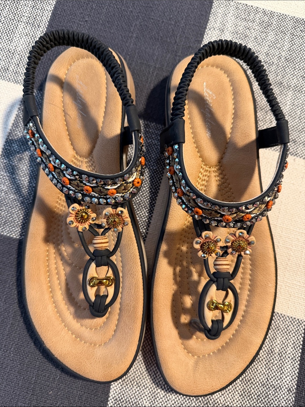 Embellished Black & Tan Floral Slingback Sandals